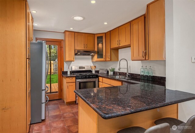 kitchen with a kitchen breakfast bar, kitchen peninsula, and appliances with stainless steel finishes