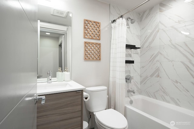 full bathroom featuring shower / bath combination with curtain, toilet, and vanity