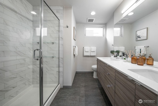 bathroom with vanity, toilet, and walk in shower