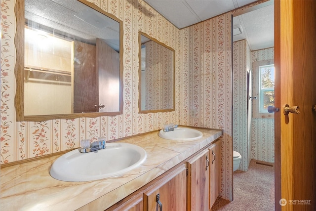 bathroom with toilet, a textured ceiling, and vanity