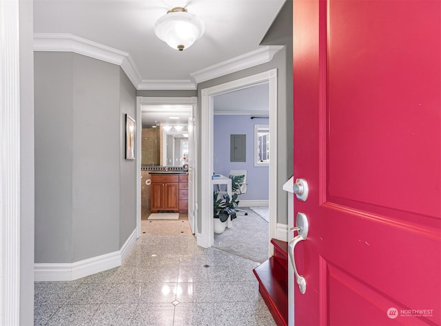 entrance foyer with crown molding and electric panel