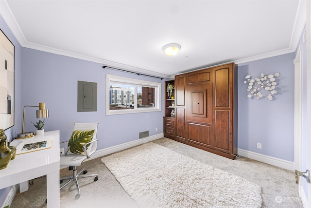 office with electric panel, crown molding, and light colored carpet