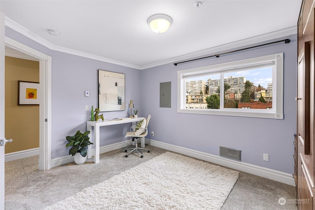 office area featuring light carpet, electric panel, and ornamental molding