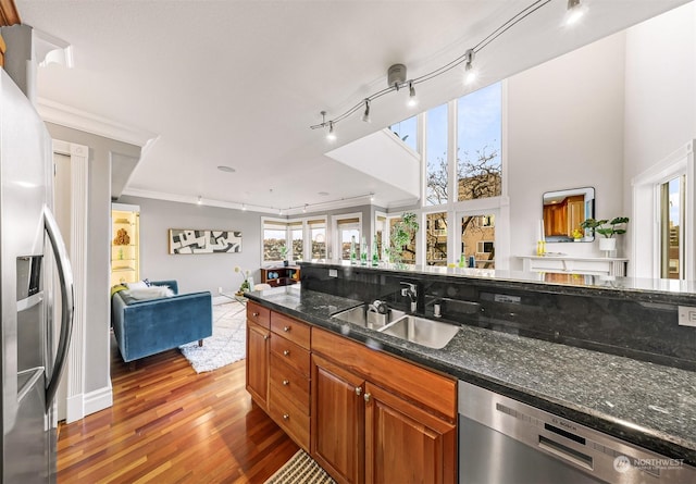 kitchen with sink, dark hardwood / wood-style floors, dark stone countertops, ornamental molding, and stainless steel appliances