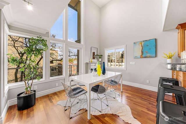 office with crown molding, a towering ceiling, and light hardwood / wood-style floors