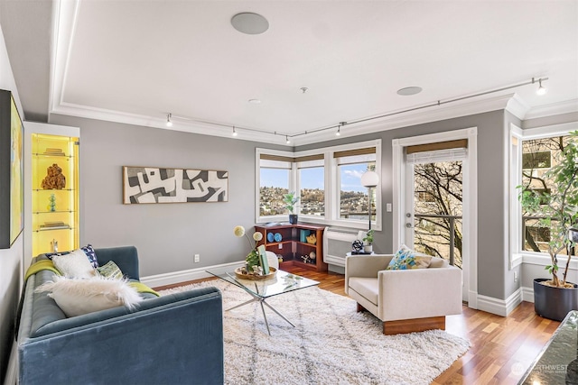 living room with hardwood / wood-style floors and ornamental molding