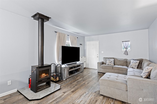 living room with hardwood / wood-style flooring and a wood stove