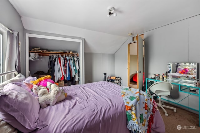 bedroom featuring vaulted ceiling, carpet, and a closet