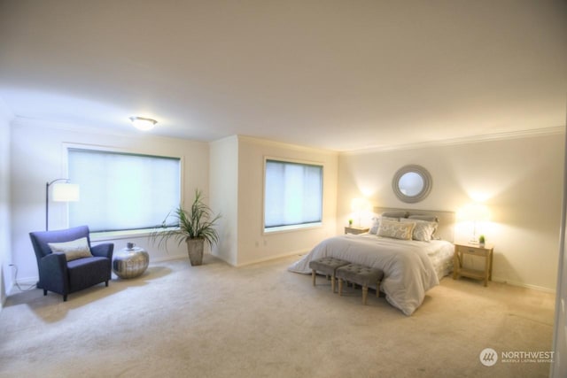 carpeted bedroom with multiple windows and ornamental molding