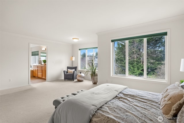 bedroom featuring light carpet, baseboards, and crown molding