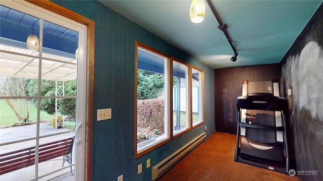 workout area with carpet floors, rail lighting, and a baseboard radiator