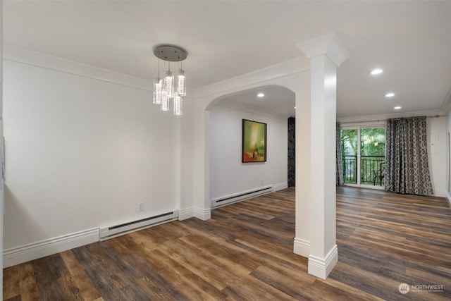 spare room with a baseboard radiator, crown molding, and dark wood-type flooring