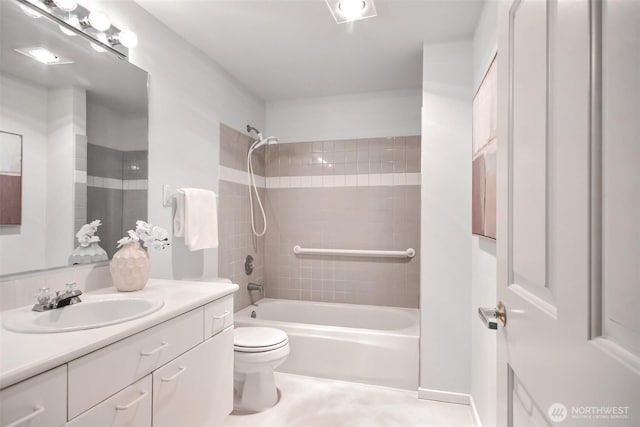 full bath with toilet, tub / shower combination, tile patterned flooring, and vanity