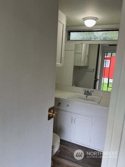 bathroom featuring hardwood / wood-style floors, vanity, and toilet