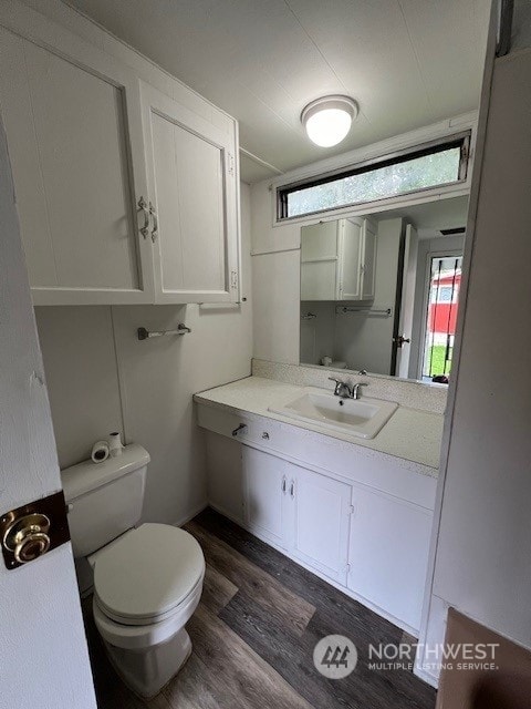 bathroom with hardwood / wood-style floors, vanity, and toilet