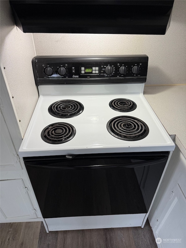 room details with dark wood-type flooring and electric stove