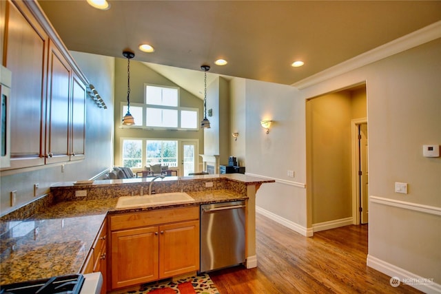 kitchen featuring stainless steel dishwasher, range, sink, pendant lighting, and hardwood / wood-style floors