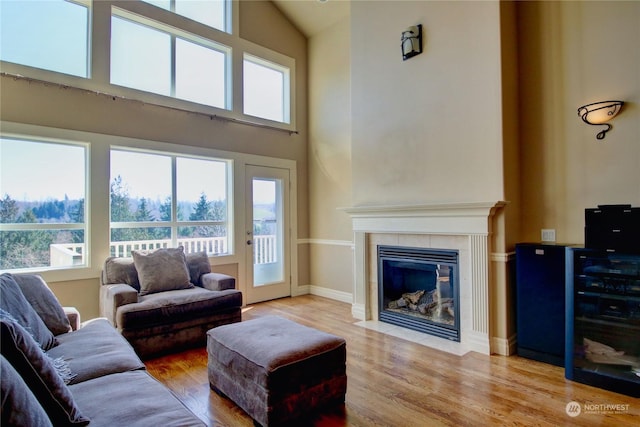 living room with wood-type flooring and a tiled fireplace