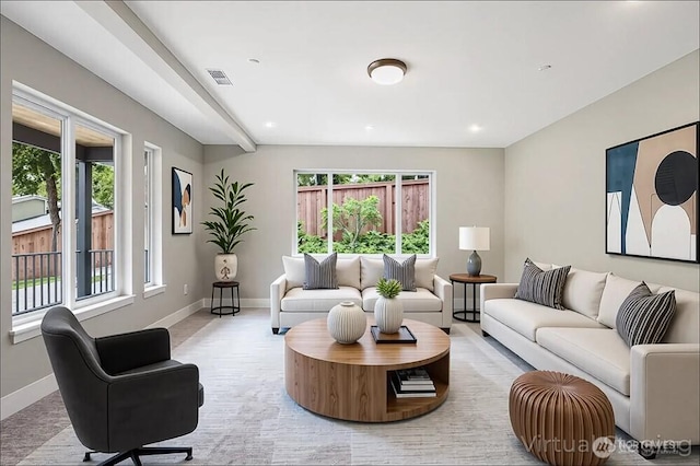 living room featuring baseboards and plenty of natural light