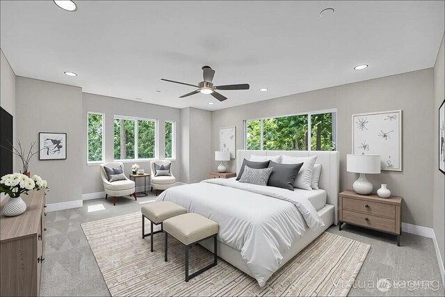 bedroom with baseboards, recessed lighting, and ceiling fan