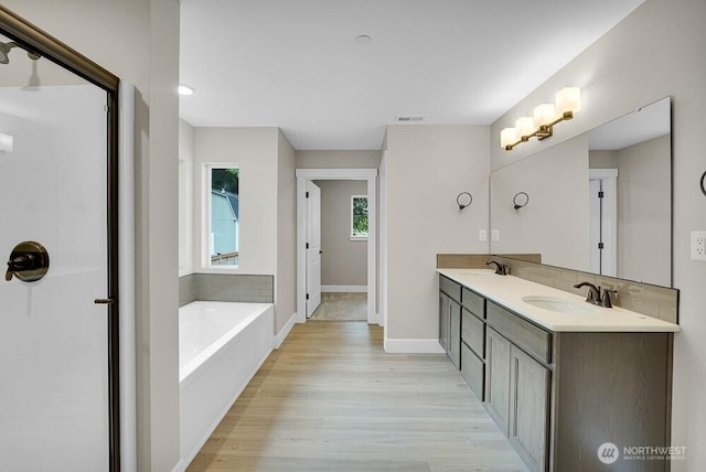 bathroom featuring a bath, wood finished floors, backsplash, double vanity, and baseboards