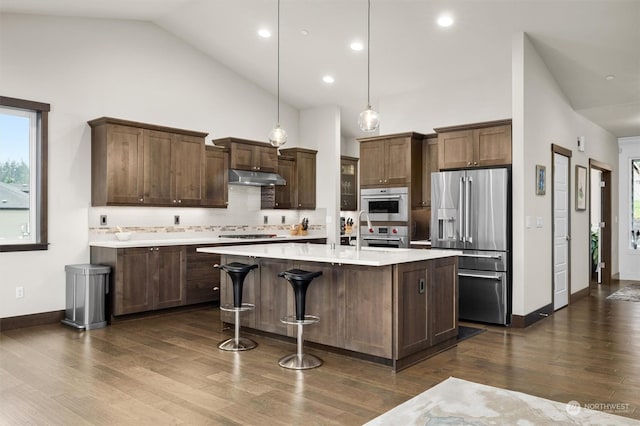 kitchen featuring decorative light fixtures, decorative backsplash, high vaulted ceiling, and stainless steel appliances