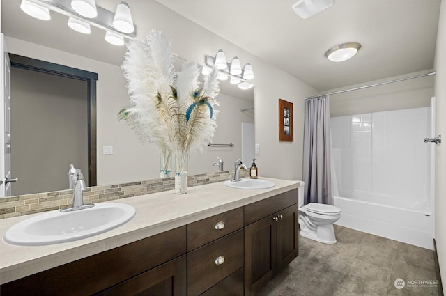 full bathroom featuring decorative backsplash, toilet, vanity, and shower / bath combo