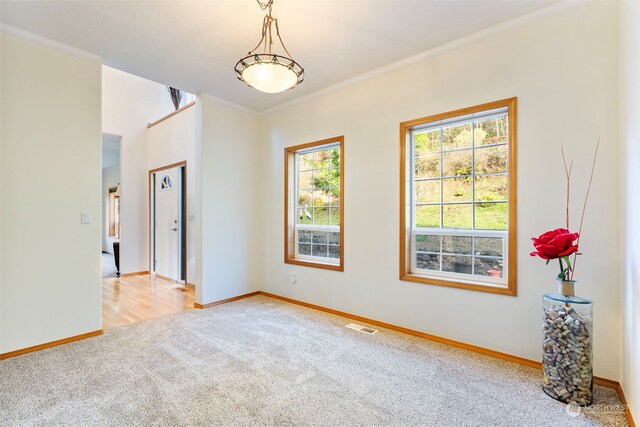 empty room featuring visible vents, baseboards, carpet flooring, and crown molding