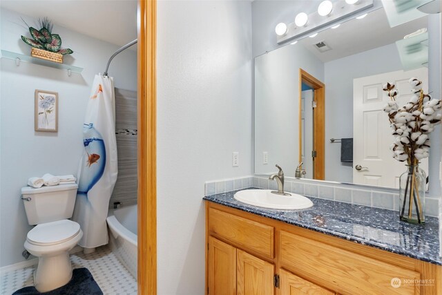 full bath with vanity, shower / tub combo, toilet, and visible vents