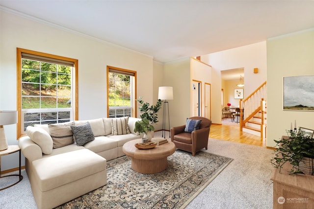 living room with wood finished floors, stairs, and crown molding