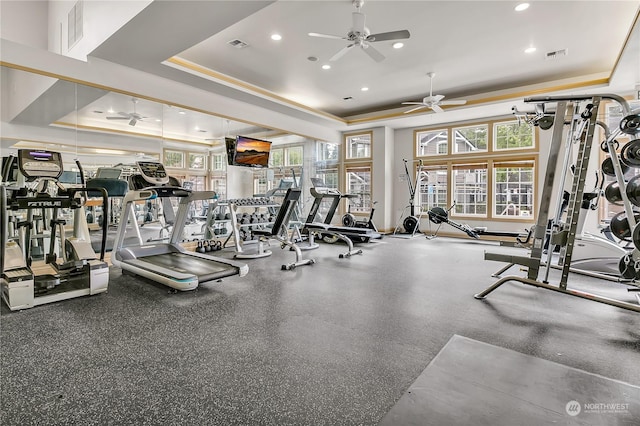 workout area with a raised ceiling and ceiling fan