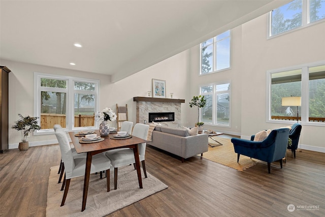 dining room featuring a wealth of natural light, dark hardwood / wood-style flooring, and a premium fireplace