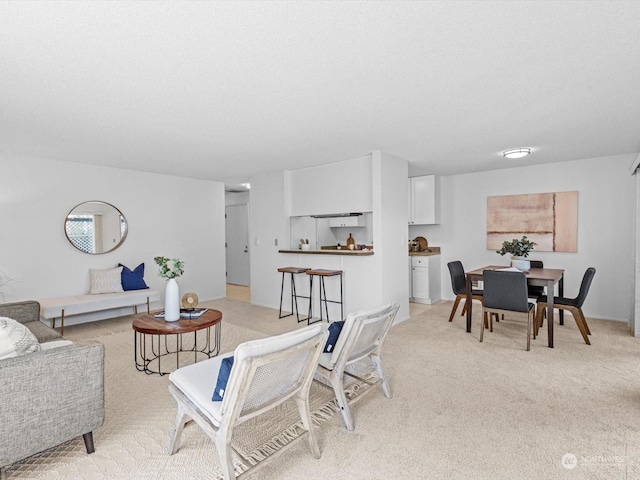 living room featuring light carpet and a textured ceiling