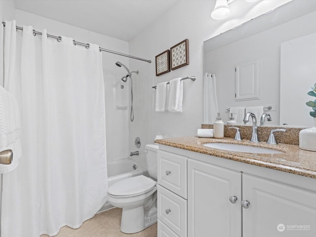 full bathroom with toilet, vanity, and shower / bathtub combination with curtain