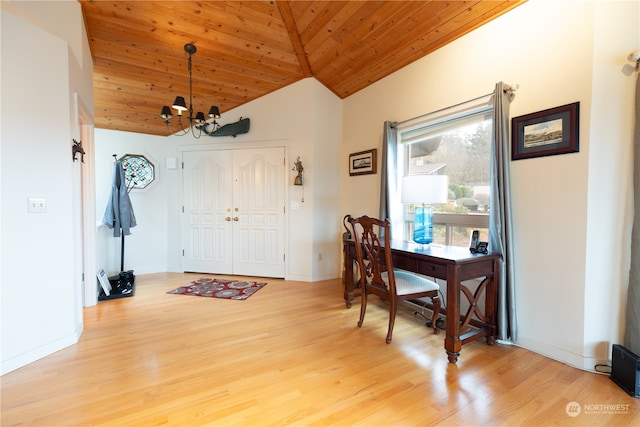 dining room with wood-type flooring, lofted ceiling, a chandelier, and wood ceiling