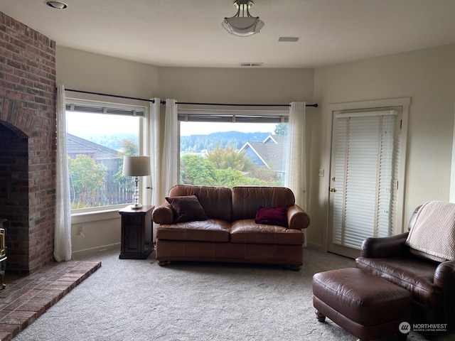 living room featuring light carpet and a wood stove