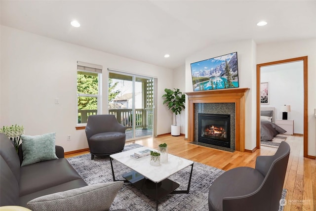 living room featuring lofted ceiling and wood-type flooring