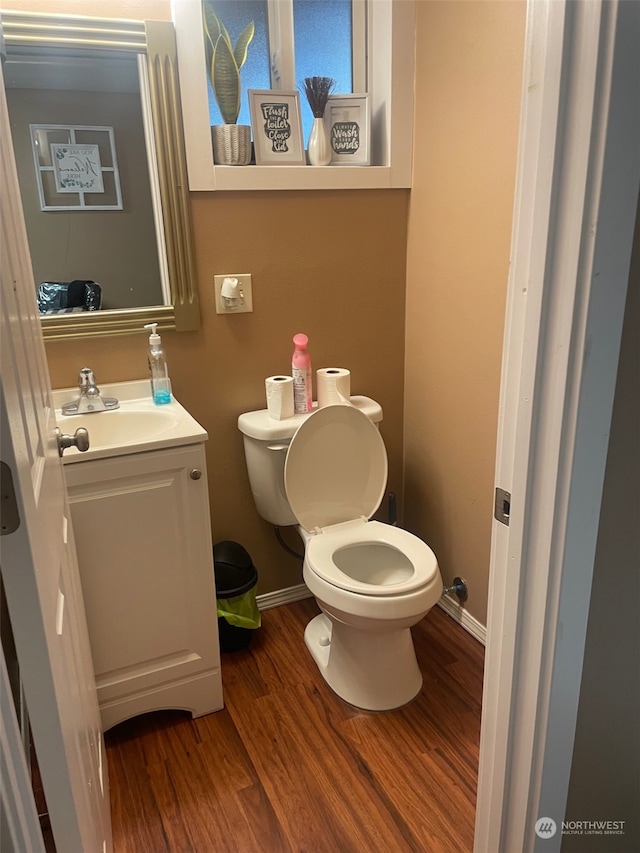 bathroom featuring hardwood / wood-style floors, vanity, and toilet