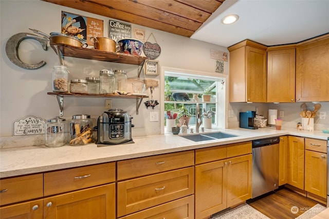 kitchen featuring hardwood / wood-style flooring, stainless steel dishwasher, and sink