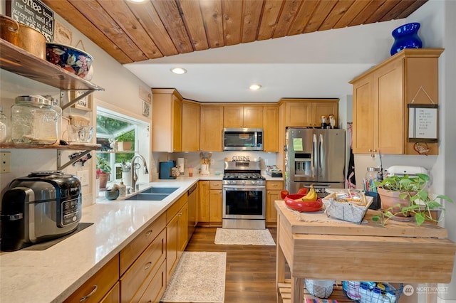 kitchen with sink, wooden ceiling, stainless steel appliances, light hardwood / wood-style floors, and lofted ceiling