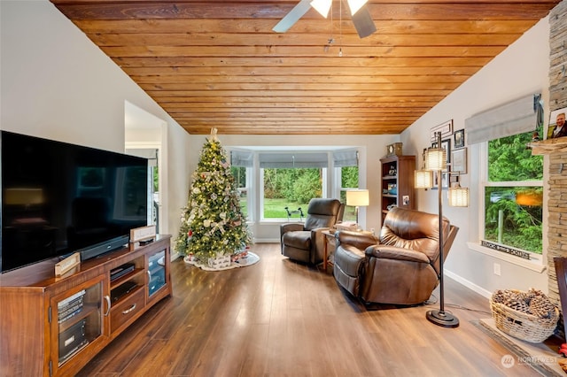 living room with wood-type flooring, wood ceiling, and vaulted ceiling