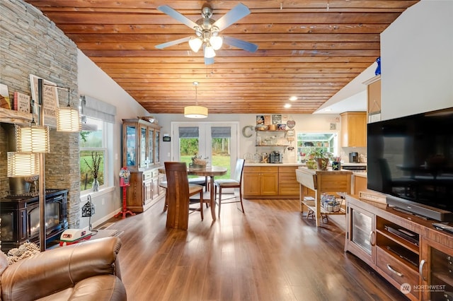 living room featuring lofted ceiling, a healthy amount of sunlight, and wooden ceiling