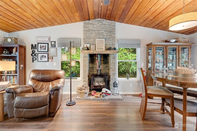 sitting room featuring a wood stove, wooden ceiling, wood-type flooring, and lofted ceiling