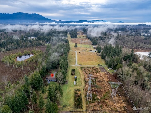 bird's eye view featuring a water and mountain view