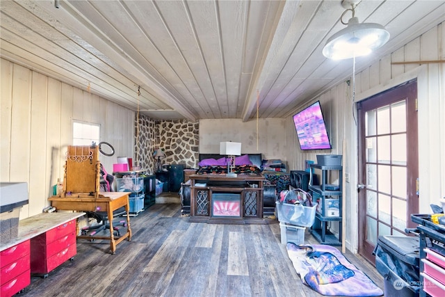 interior space featuring wood ceiling, wooden walls, and dark hardwood / wood-style flooring