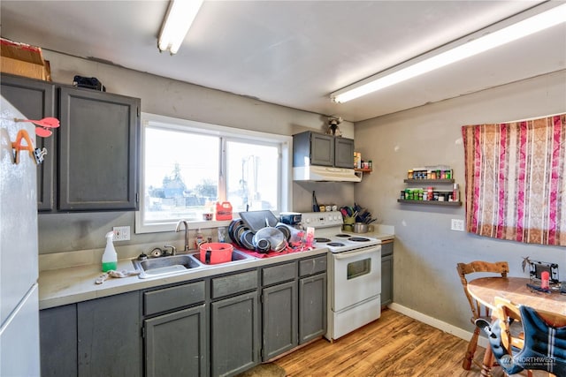 kitchen featuring sink, white electric stove, light wood-type flooring, and gray cabinets