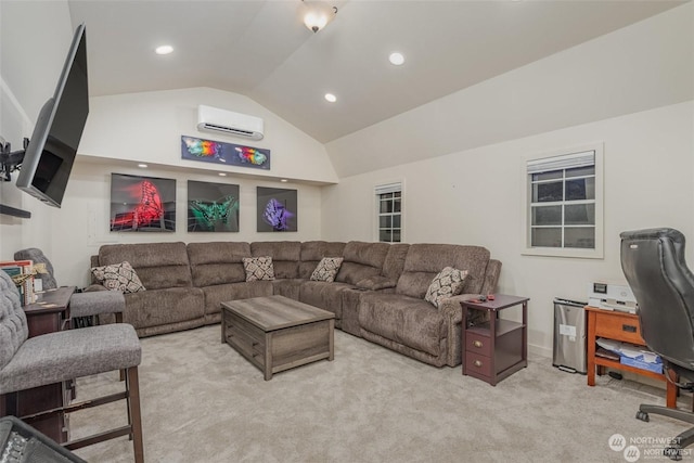 carpeted living room featuring an AC wall unit and vaulted ceiling