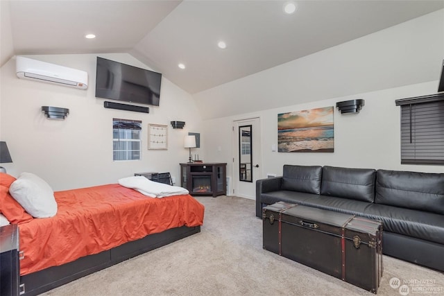 carpeted bedroom with vaulted ceiling and an AC wall unit