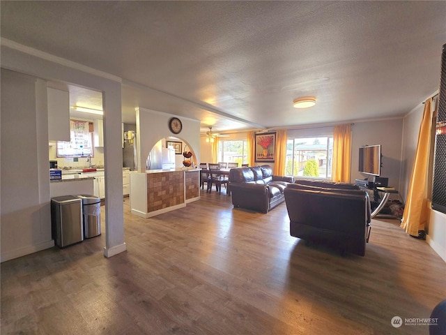 living room with hardwood / wood-style floors, ceiling fan, and a textured ceiling