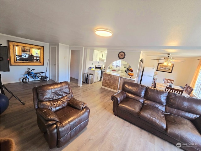 living room with ceiling fan, light hardwood / wood-style floors, and ornamental molding